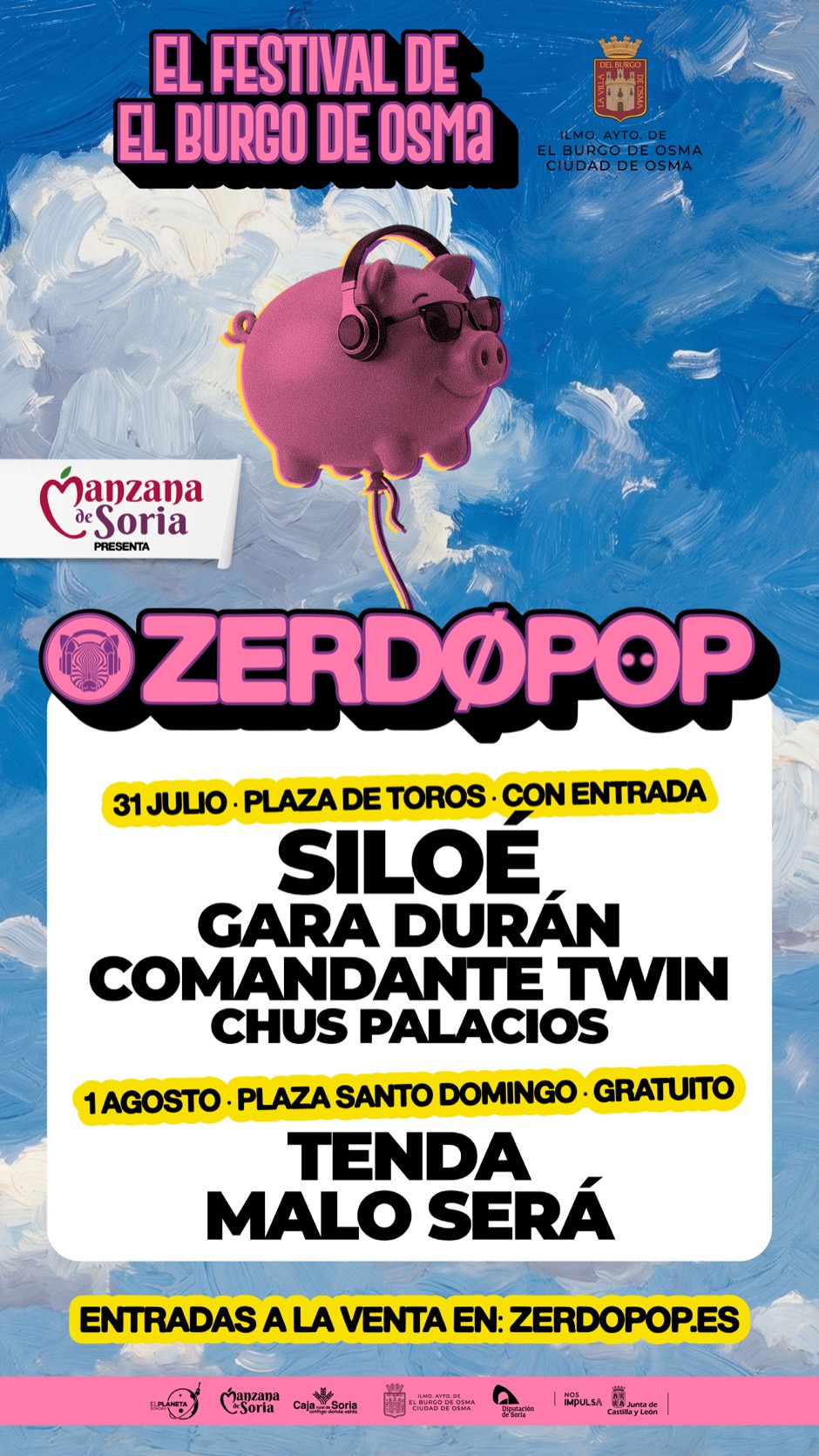 Cartel de ZERDØPOP 2026 con Siloé, Gara Durán, Comandante Twin, Chus Palacios, Tenda y Malo Será